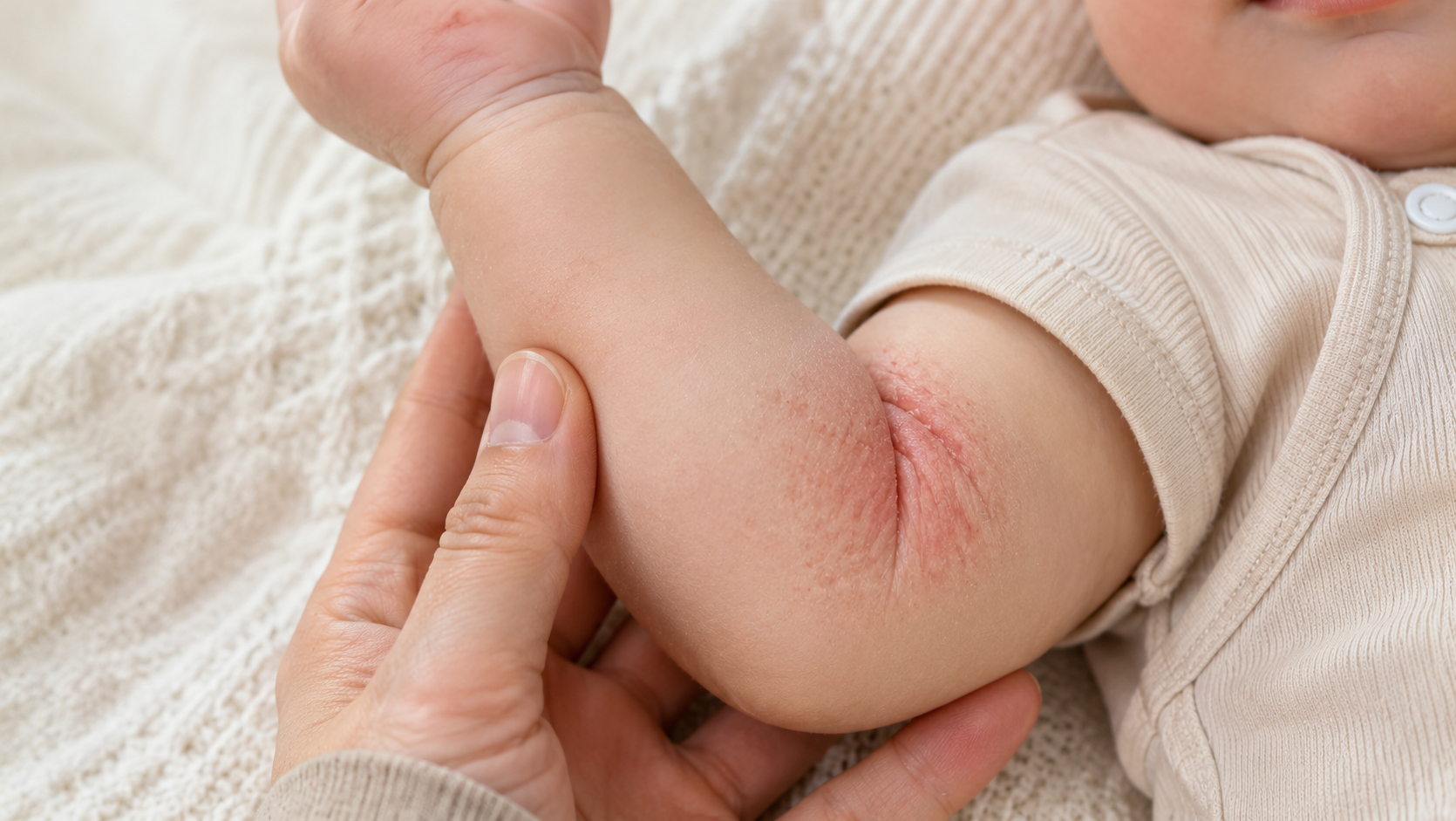 "Suha koža i crvenilo u pregibima laktova kod bebe s atopijskim dermatitisom"