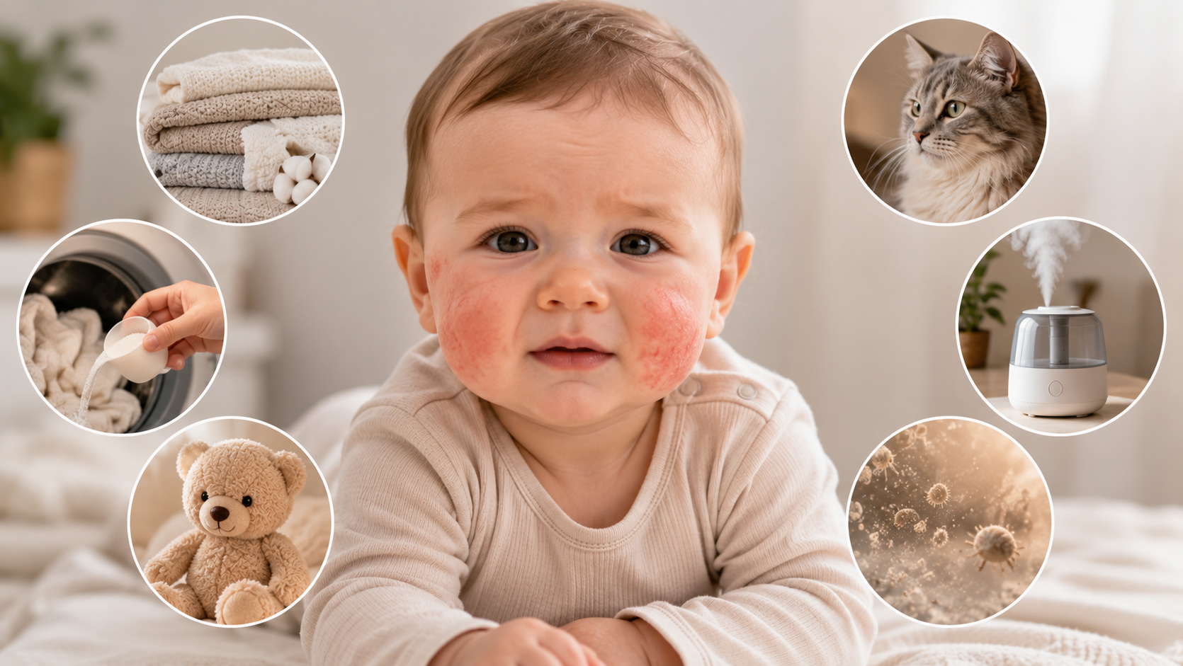 "Infografika okidača atopijskog dermatitisa: gruba tkanina, deterdžent, znoj, suh vazduh i grinje"