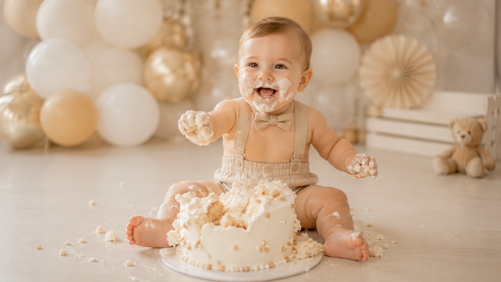 Beba u jednostavnom komadu razmazuje tortu na smash the cake fotografisanju